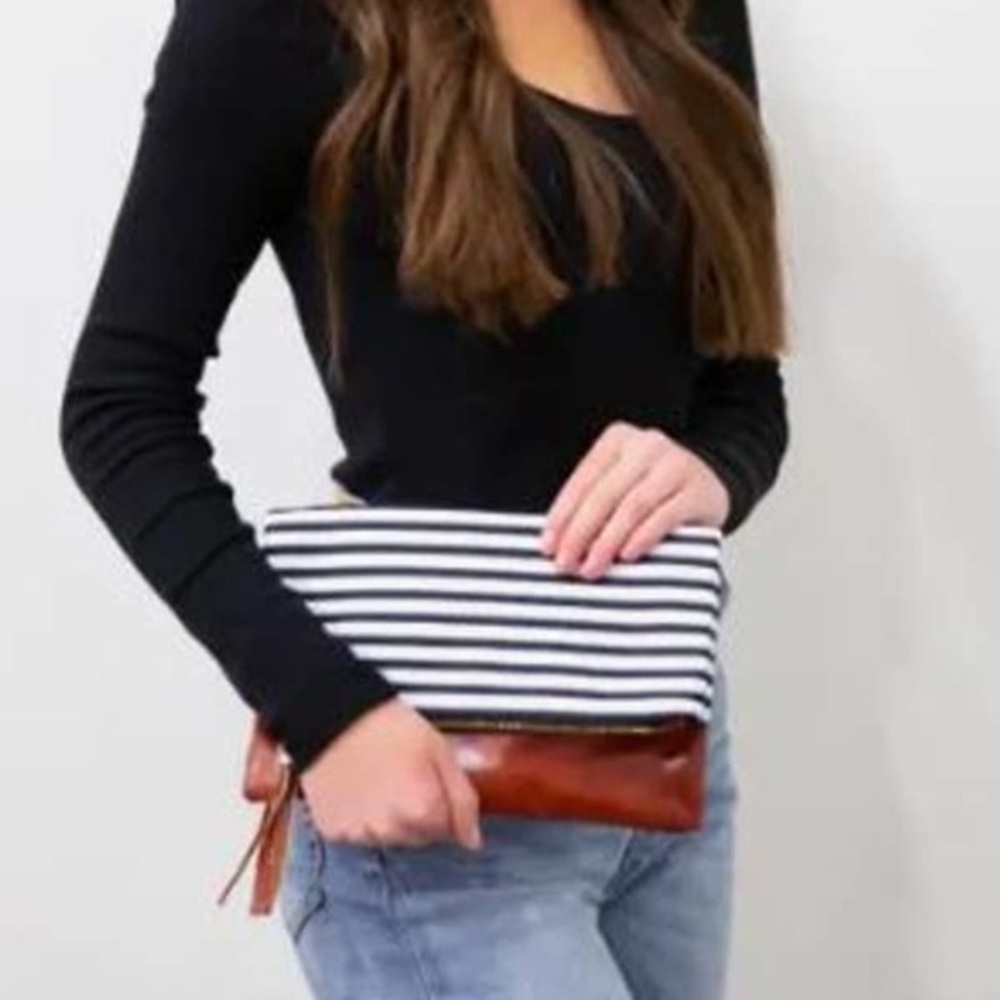 Funky Monkey Foldover Clutch - Classic Black & White Stripe NWOT P1